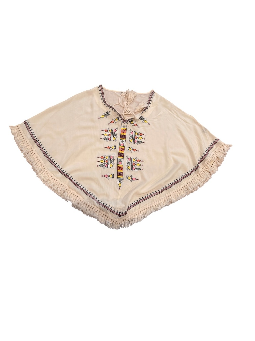 Boho Embroidered Fringe Poncho Top - Cream